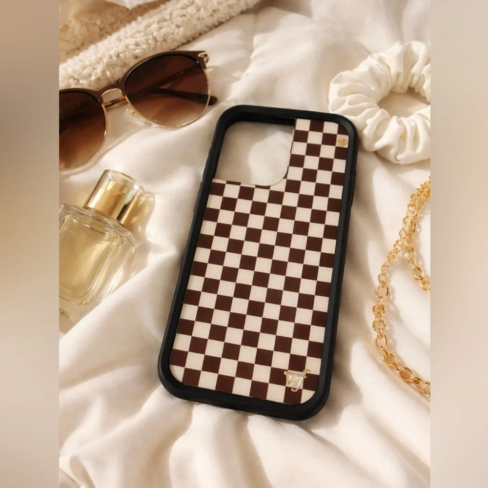 Wildflower iPhone 14 Pro Case Brown Checkerboard Trendy Viral Style Giftable